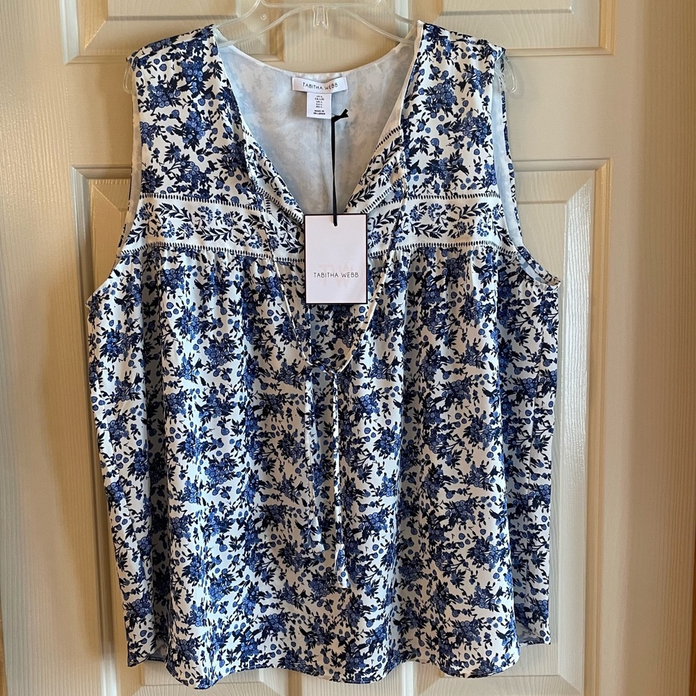 Tabitha Webb  Semi-sheer Sleeveless Delft Blue and Cream Flowered Top  Sz L